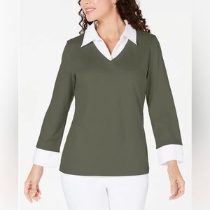 Karen Scott Women's Layered Look Cotton Top Green Size Petite New with Tags